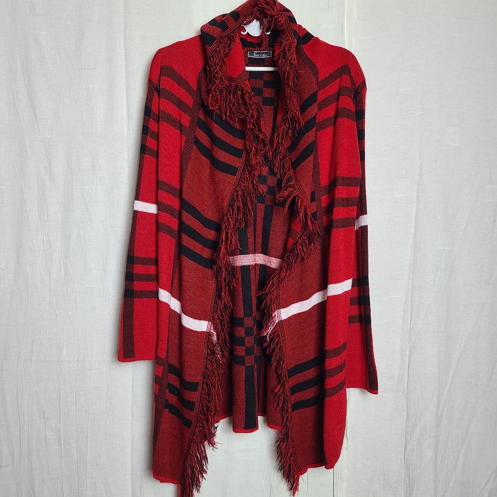 Froccella Women's OS Cardigan Poncho Red Plaid Fringe Long Sleeves Open Knit